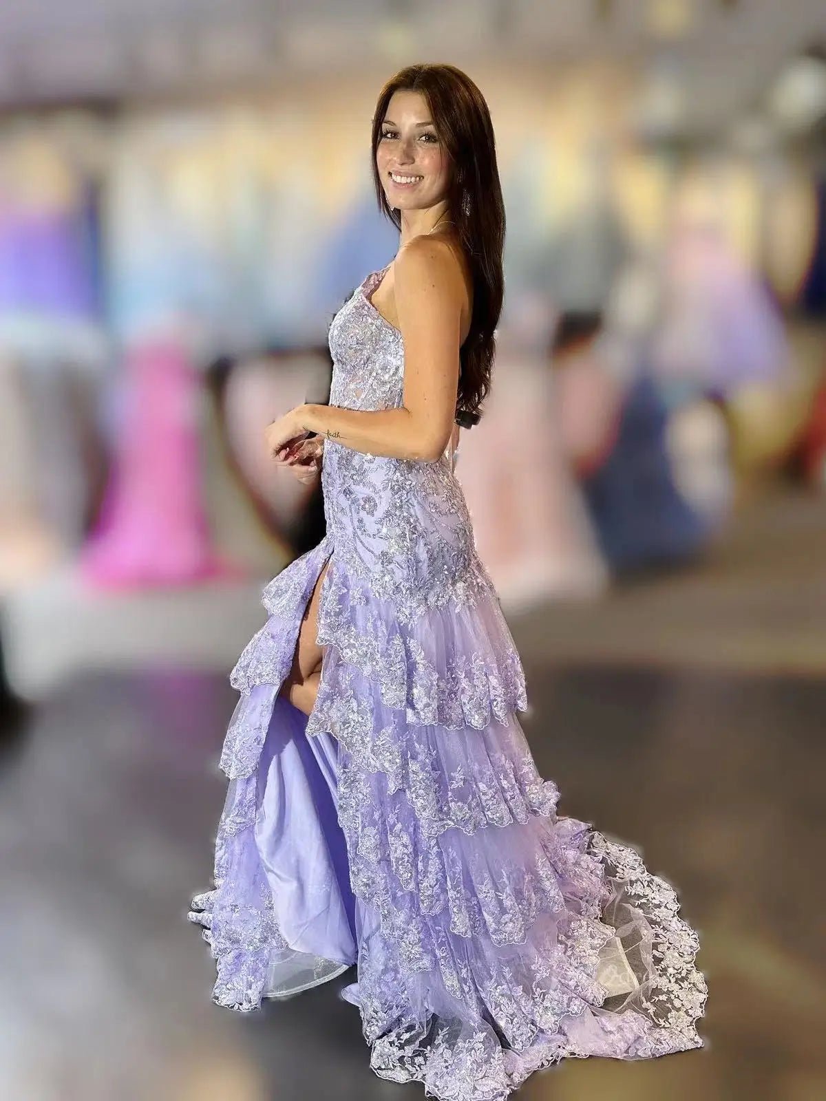 Sparkly Lavender Lace Ruffle Prom Dresses with Slit,One Shoulder Ball Gown FD3637-prom dresses 2025 -Viniodress-Lavender-Custom Size-