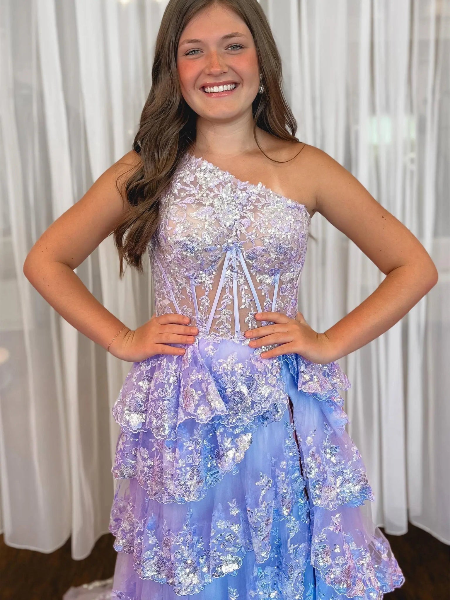 Sparkly Lavender Lace Ruffle Prom Dresses with Slit,One Shoulder Ball Gown FD3637-prom dresses 2025 -Viniodress-Lavender-Custom Size-