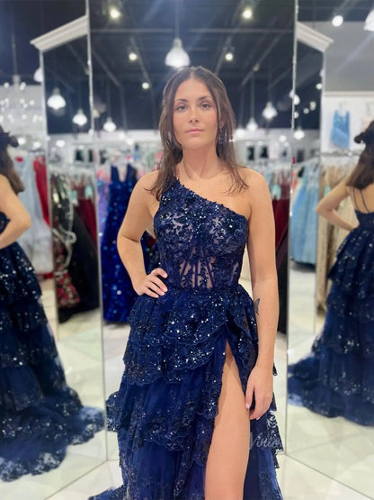 Sparkly Lavender Lace Ruffle Prom Dresses with Slit,One Shoulder Ball Gown FD3637-prom dresses 2025 -Viniodress-Lavender-Custom Size-