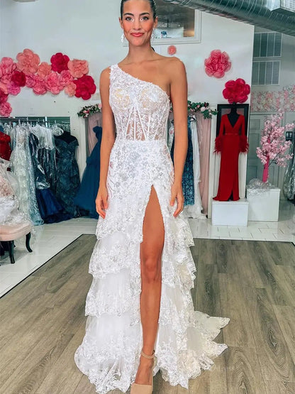 Sparkly Lavender Lace Ruffle Prom Dresses with Slit,One Shoulder Ball Gown FD3637-prom dresses 2025 -Viniodress-Lavender-Custom Size-