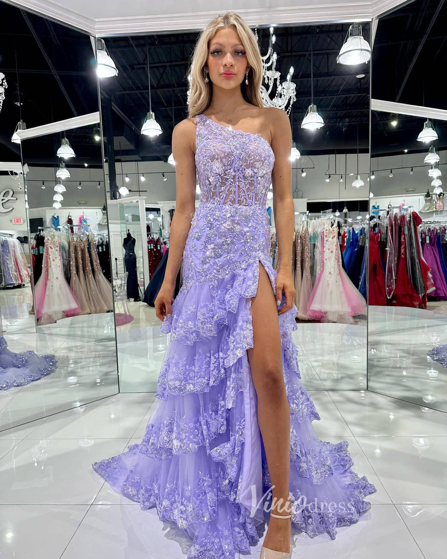 Sparkly Lavender Lace Ruffle Prom Dresses with Slit,One Shoulder Ball Gown FD3637-prom dresses 2025 -Viniodress-Lavender-Custom Size-