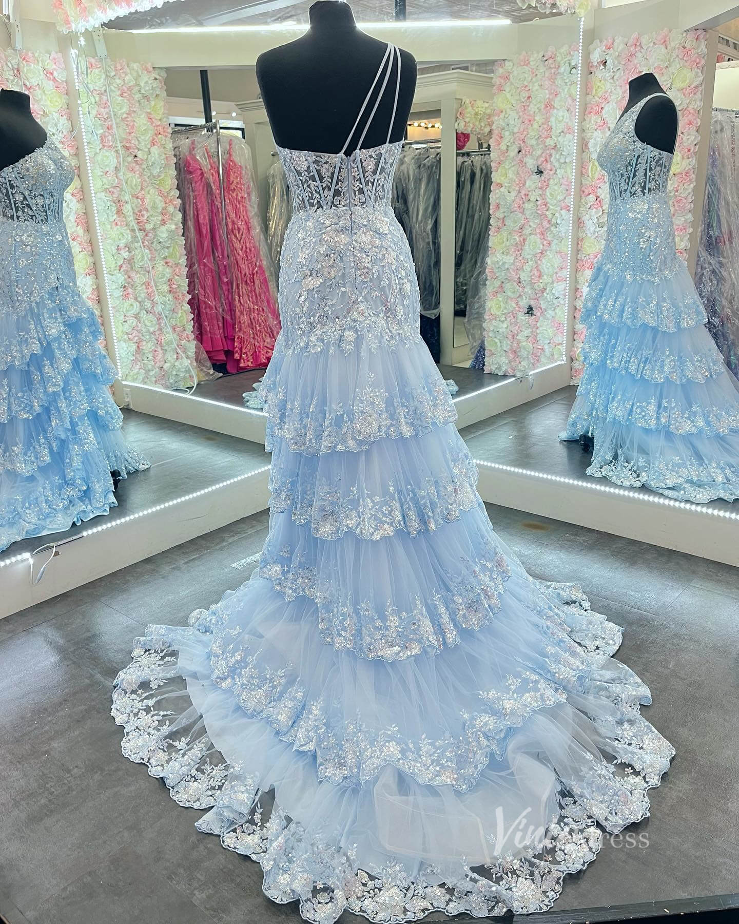 Sparkly Lavender Lace Ruffle Prom Dresses with Slit,One Shoulder Ball Gown FD3637-prom dresses 2025 -Viniodress-Lavender-Custom Size-