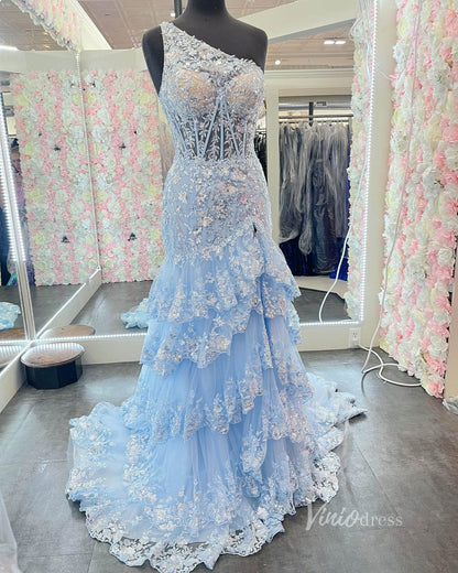Sparkly Lavender Lace Ruffle Prom Dresses with Slit,One Shoulder Ball Gown FD3637-prom dresses 2025 -Viniodress-Light Blue-Custom Size-