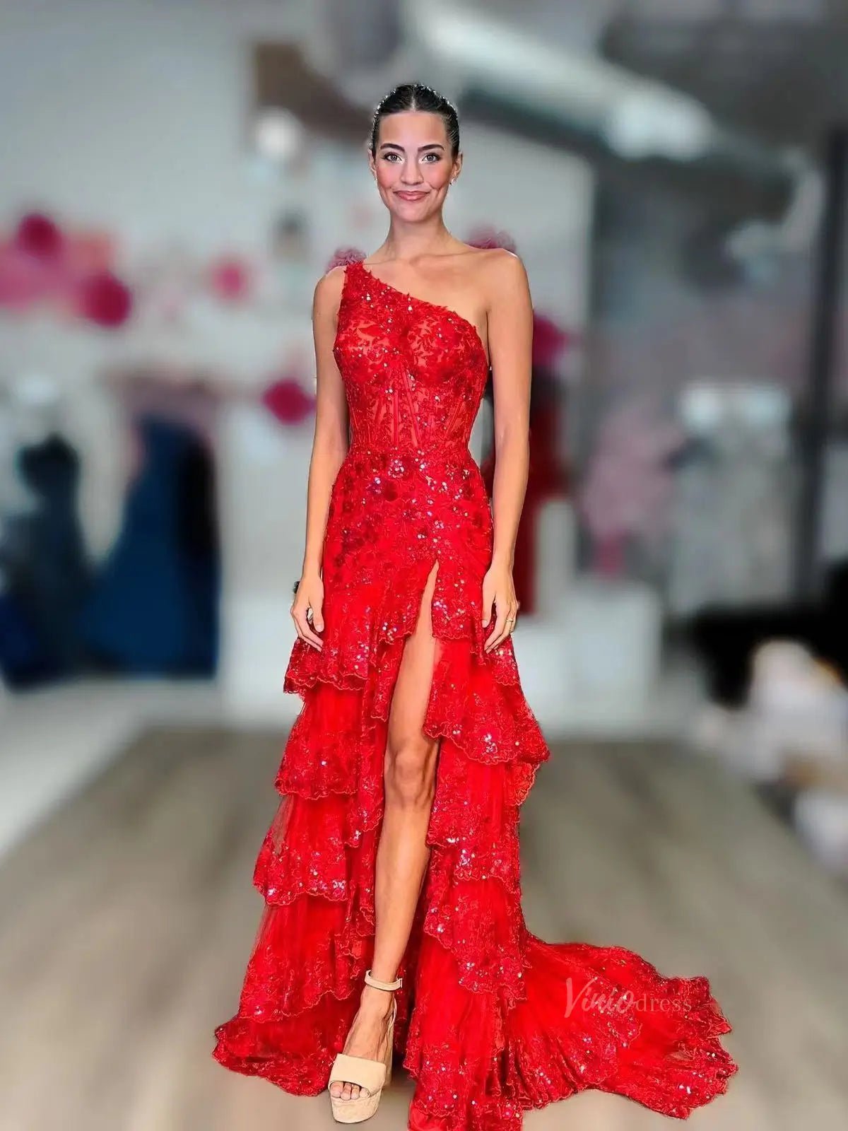 Sparkly Lavender Lace Ruffle Prom Dresses with Slit,One Shoulder Ball Gown FD3637-prom dresses 2025 -Viniodress-Red-Custom Size-