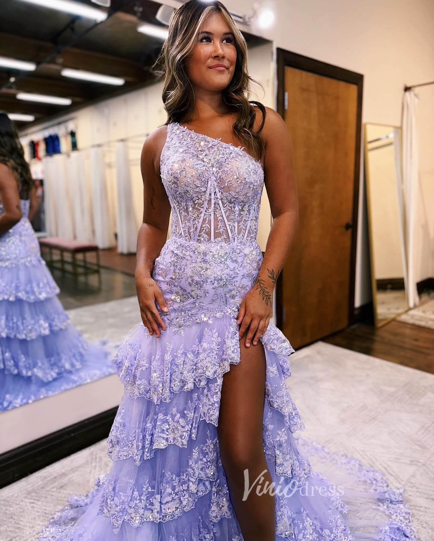 Sparkly Lavender Lace Ruffle Prom Dresses with Slit,One Shoulder Ball – Viniodress Sparkly Lavender Lace Ruffle Prom Dresses with Slit,One Shoulder Ball – Viniodress