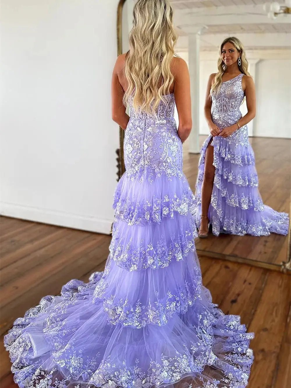 Sparkly Lavender Lace Ruffle Prom Dresses with Slit,One Shoulder Ball Gown FD3637-prom dresses 2025 -Viniodress-Lavender-Custom Size-