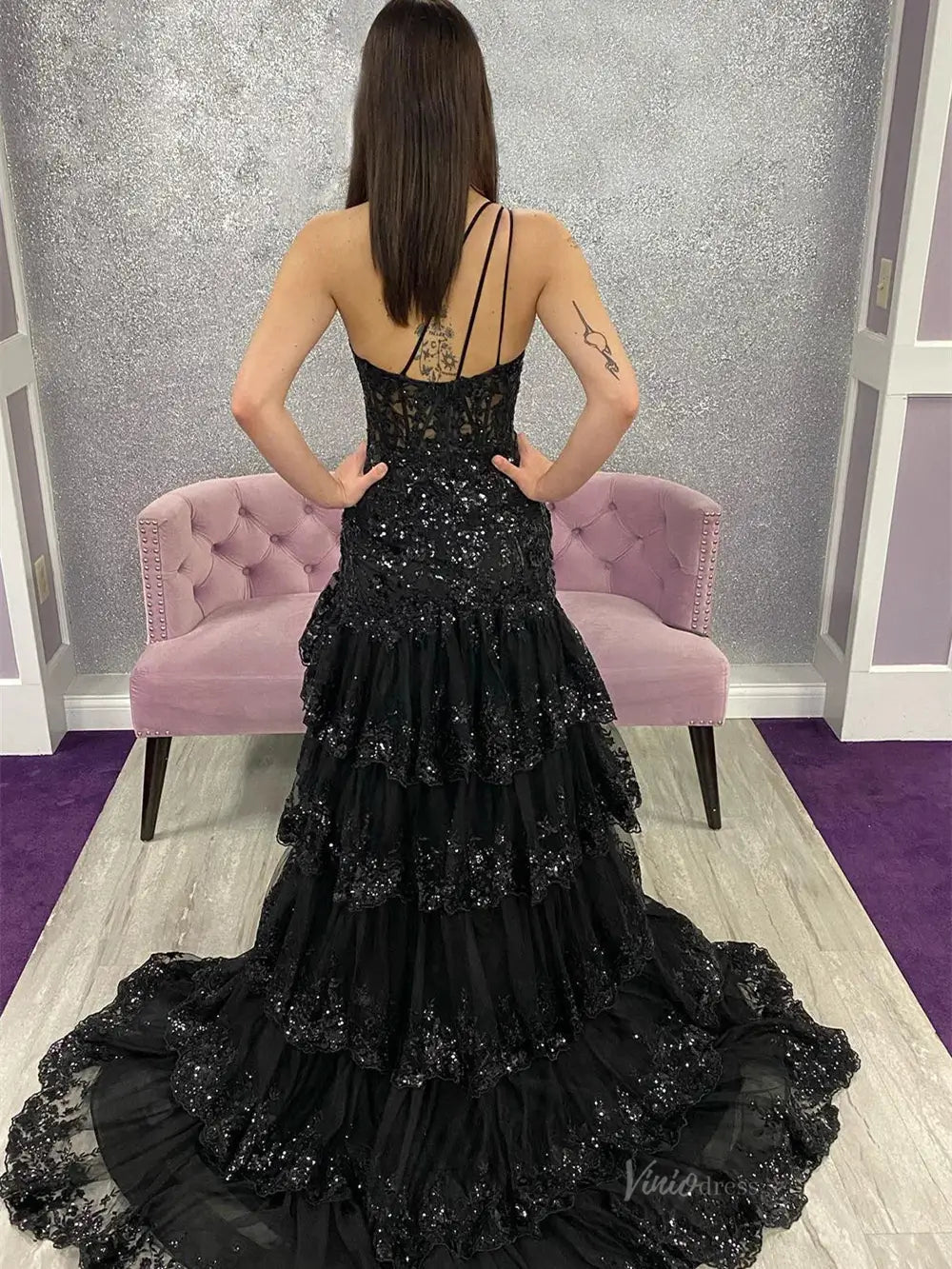 Sparkly Lavender Lace Ruffle Prom Dresses with Slit,One Shoulder Ball Gown FD3637-prom dresses 2025 -Viniodress-Lavender-Custom Size-