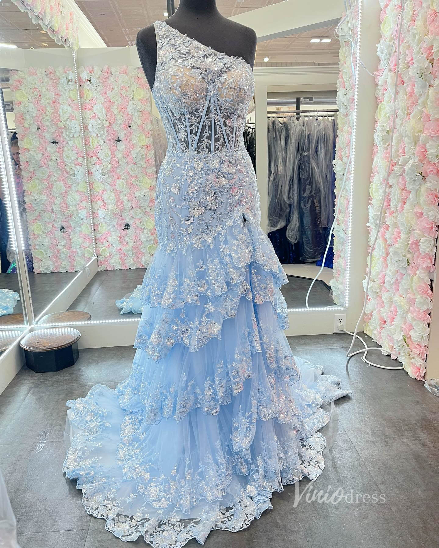 Sparkly Lavender Lace Ruffle Prom Dresses with Slit,One Shoulder Ball Gown FD3637-prom dresses 2025 -Viniodress-Light Blue-Custom Size-