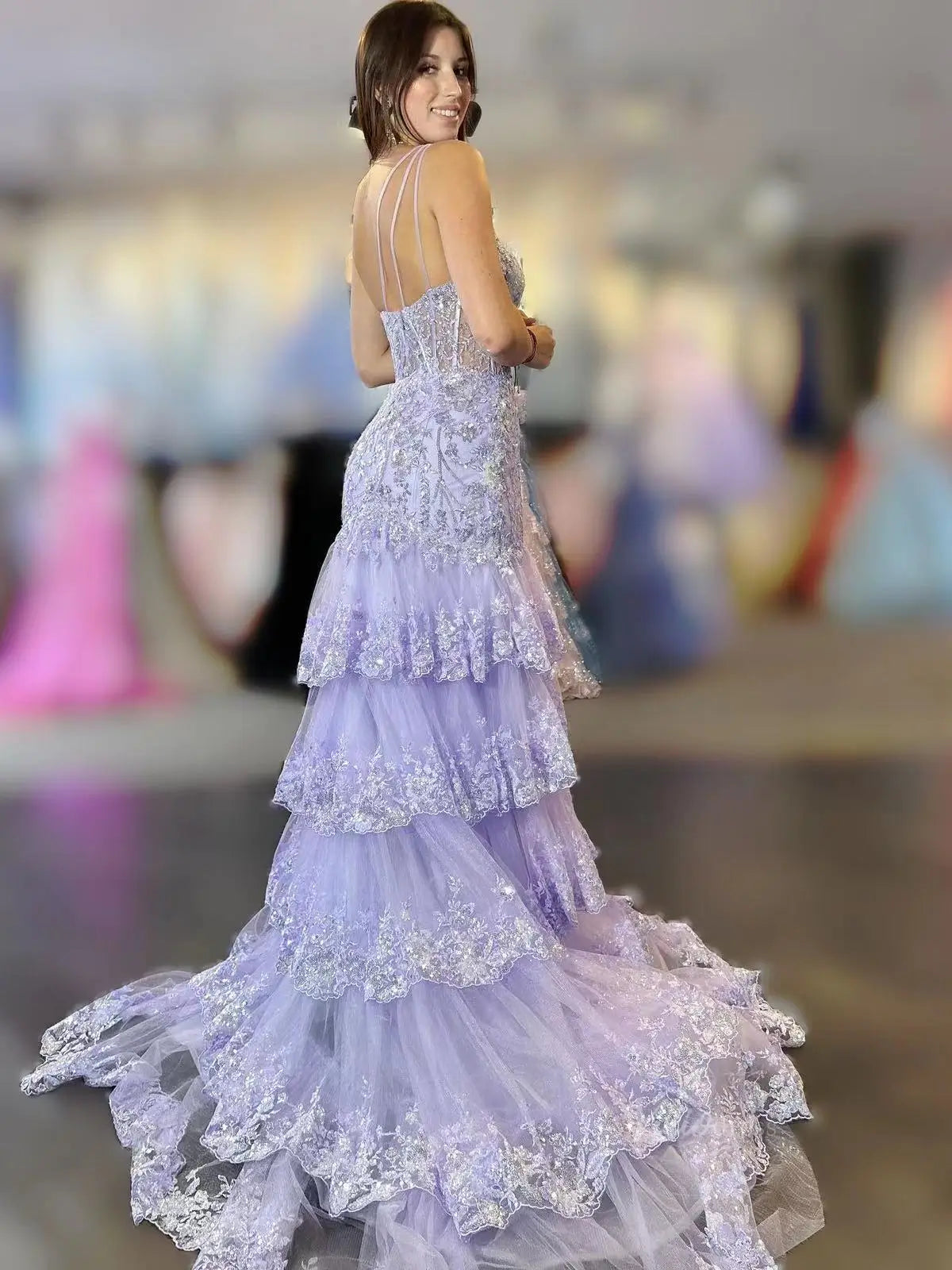 prom dresses 2025 Sparkly Lavender Lace Ruffle Prom Dresses with Slit,One Shoulder Ball Gown FD3637-plus size wedding dresses Viniodress-Lavender-Custom Size-