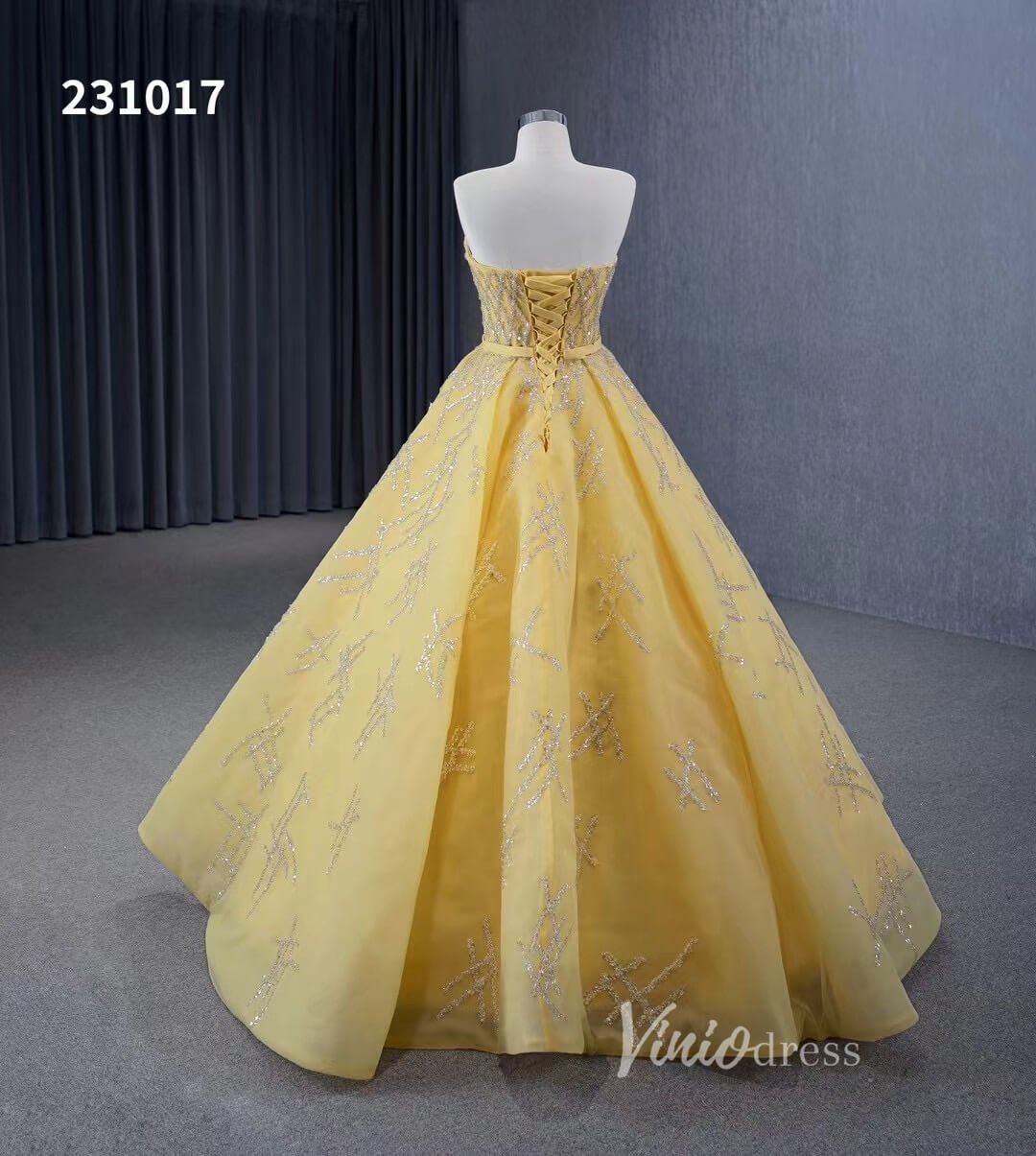 Sparkly Light Gold Ball Gown Prom Dresses Beaded Strapless Quince Dress 231017 - ViniodressQuinceanera DressesGoldCustom Size - Formal Dresses - Ball Gowns