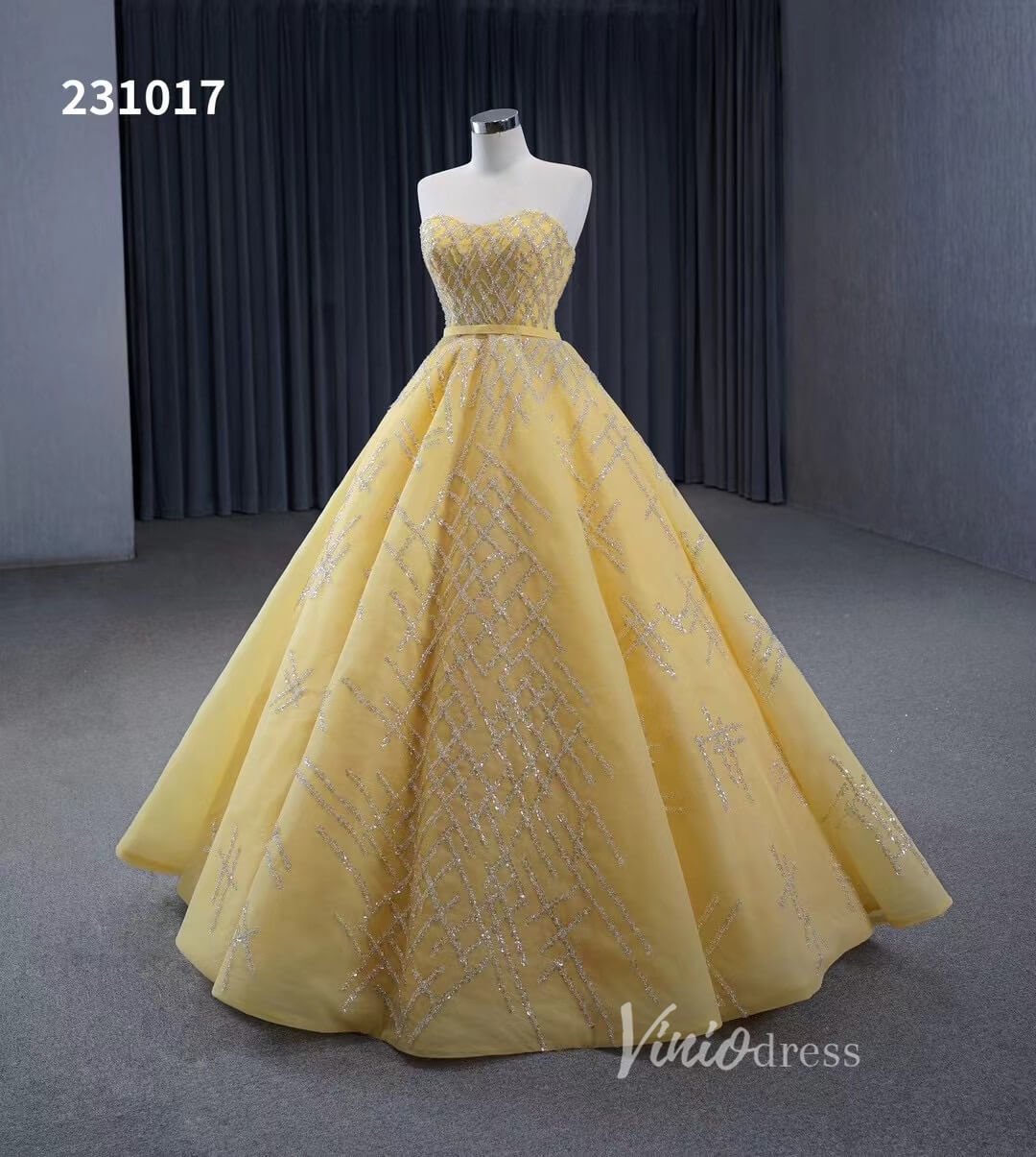 Sparkly Light Gold Ball Gown Prom Dresses Beaded Strapless Quince Dress 231017 - ViniodressQuinceanera DressesGoldCustom Size - Formal Dresses - Ball Gowns