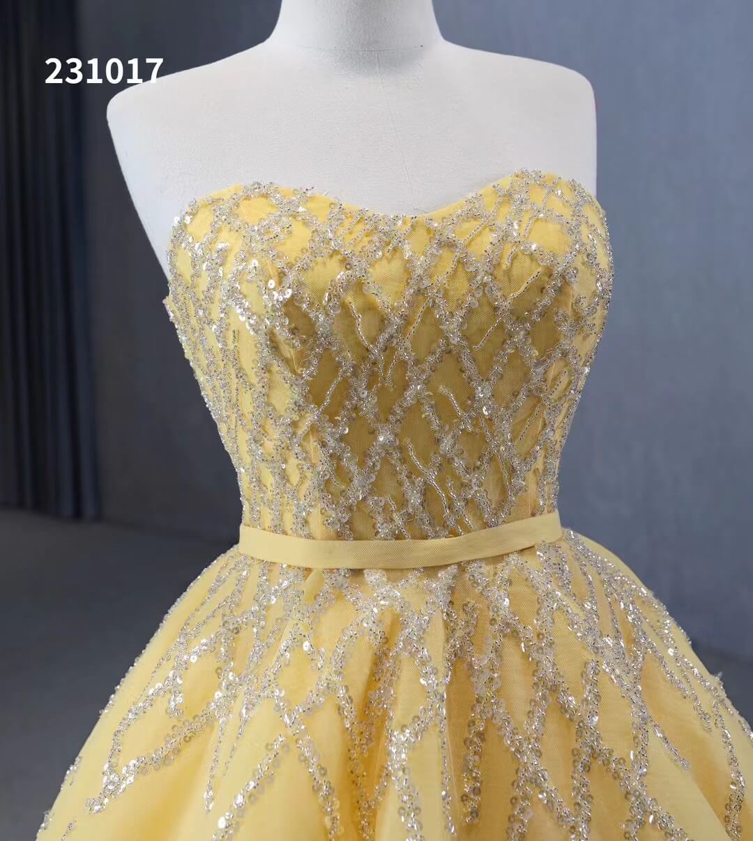 Sparkly Light Gold Ball Gown Prom Dresses Beaded Strapless Quince Dress 231017 - ViniodressQuinceanera DressesGoldCustom Size - Formal Dresses - Ball Gowns