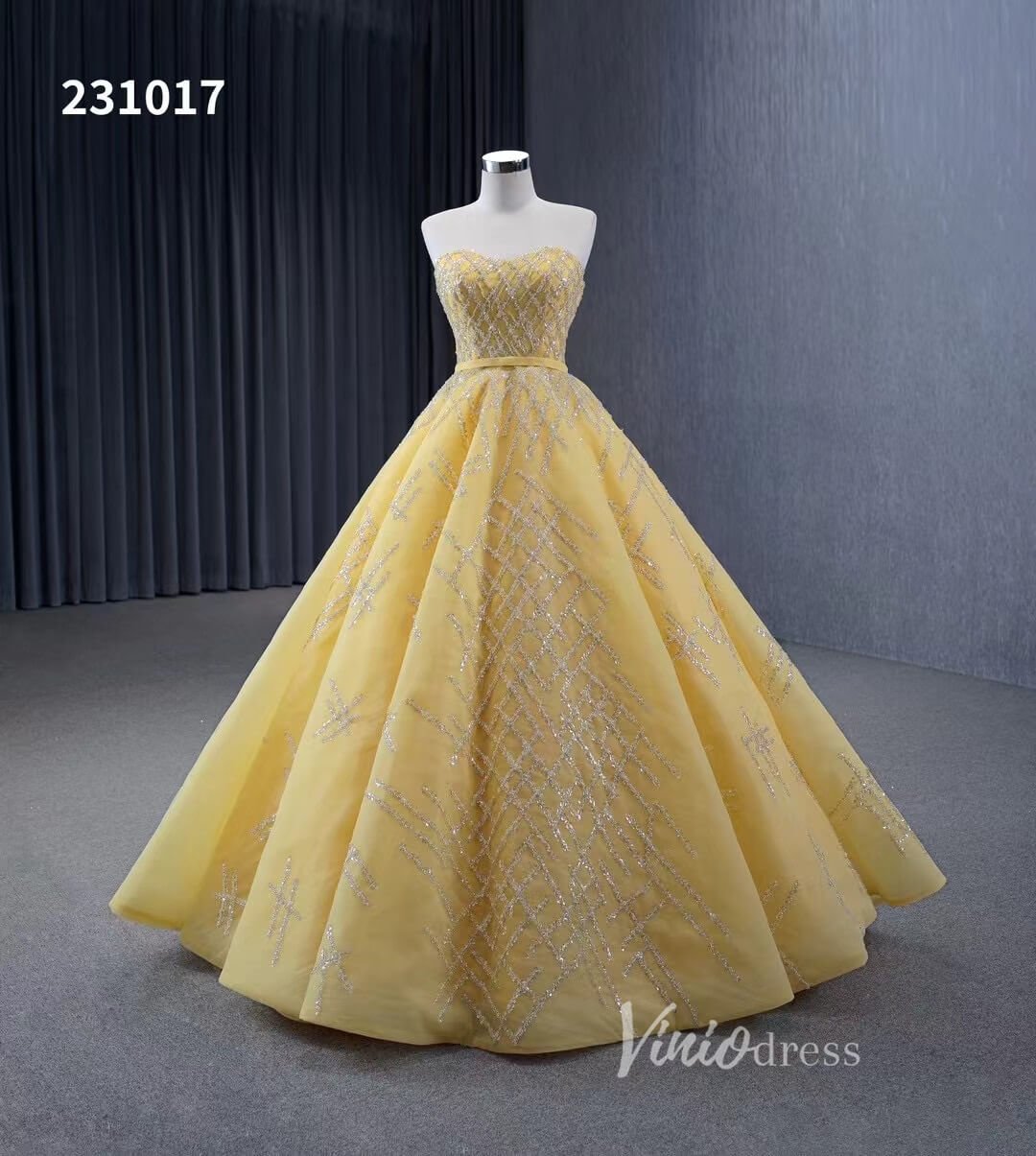 Sparkly Light Gold Ball Gown Prom Dresses Beaded Strapless Quince Dress 231017 - ViniodressQuinceanera DressesGoldCustom Size - Formal Dresses - Ball Gowns