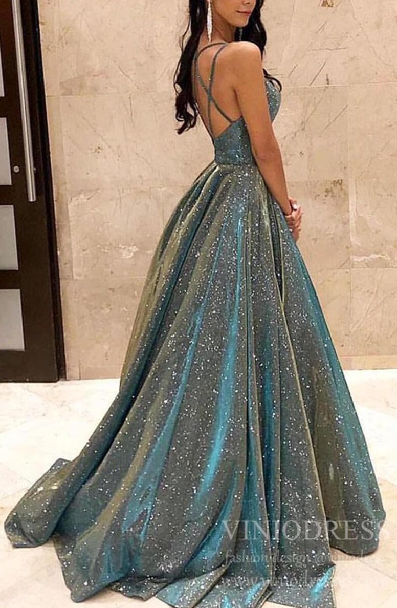 Sparkly Long Prom Dresses Spaghetti Strap Formal Dress FD1777-prom dresses 2025 -Viniodress-Blue-Custom Size-