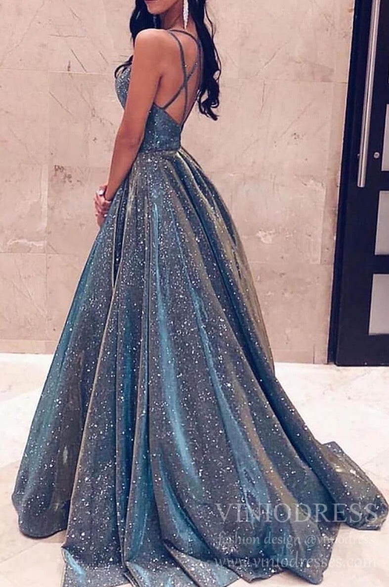 Sparkly Long Prom Dresses Spaghetti Strap Formal Dress FD1777-prom dresses 2025 -Viniodress-Blue-Custom Size-