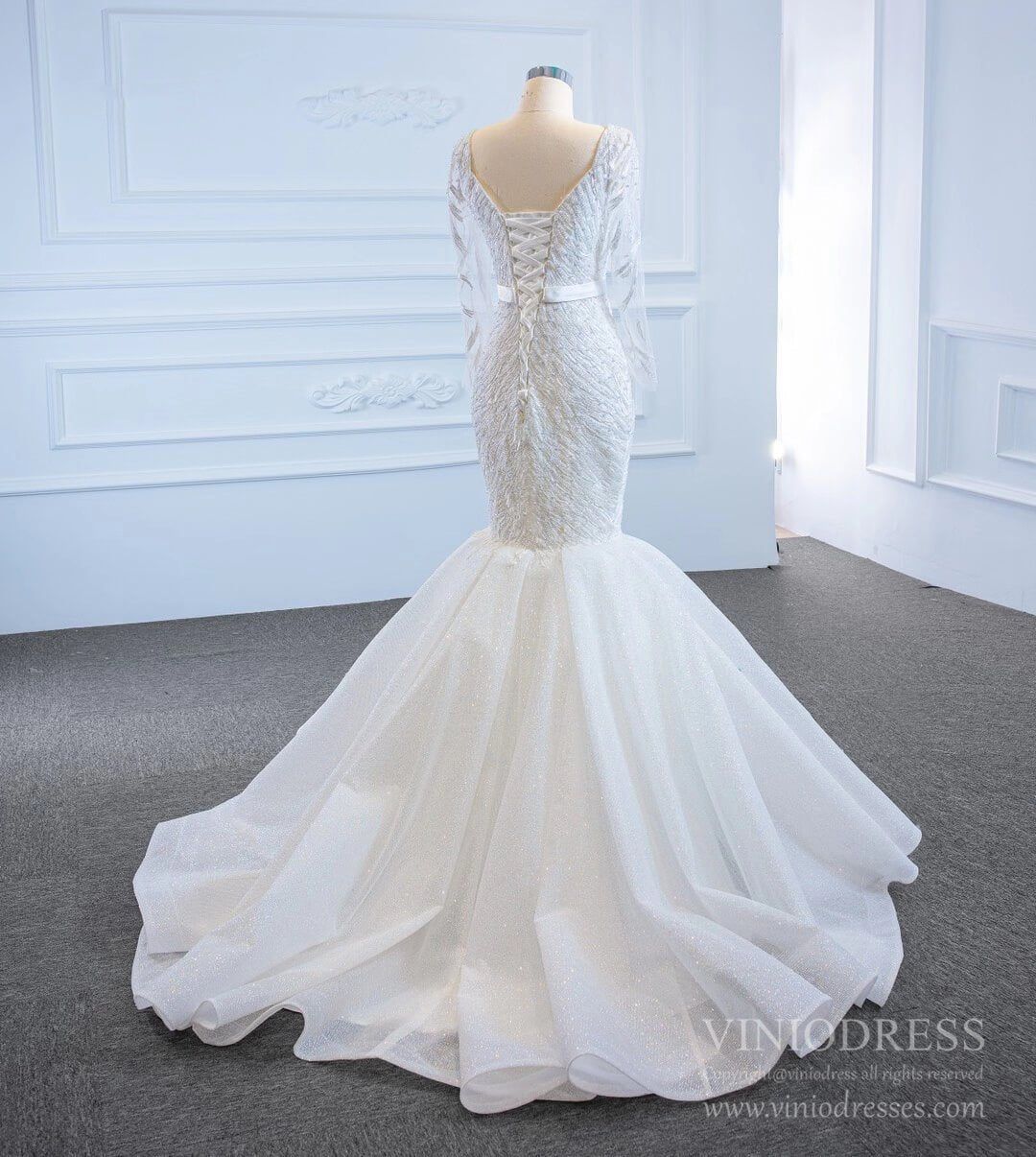 Sparkly Long Sleeve Lace Mermaid Wedding Dresses VW1781-wedding dresses 2025 -Viniodress-Ivory-Custom Size-