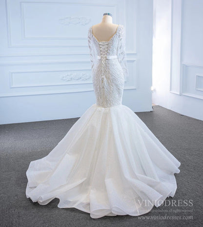 Sparkly Long Sleeve Lace Mermaid Wedding Dresses VW1781-wedding dresses 2025 -Viniodress-Ivory-Custom Size-