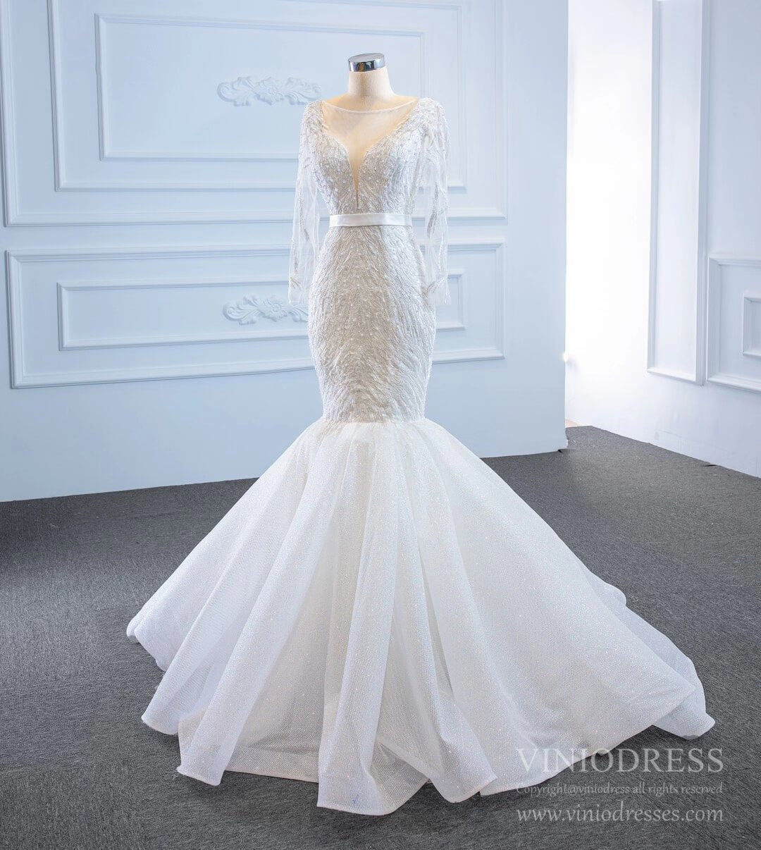 Sparkly Long Sleeve Lace Mermaid Wedding Dresses VW1781-wedding dresses 2025 -Viniodress-Ivory-Custom Size-