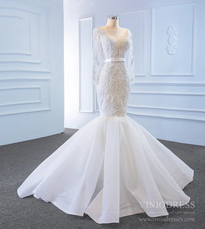 Sparkly Long Sleeve Lace Mermaid Wedding Dresses VW1781-wedding dresses 2025 -Viniodress-Ivory-Custom Size-