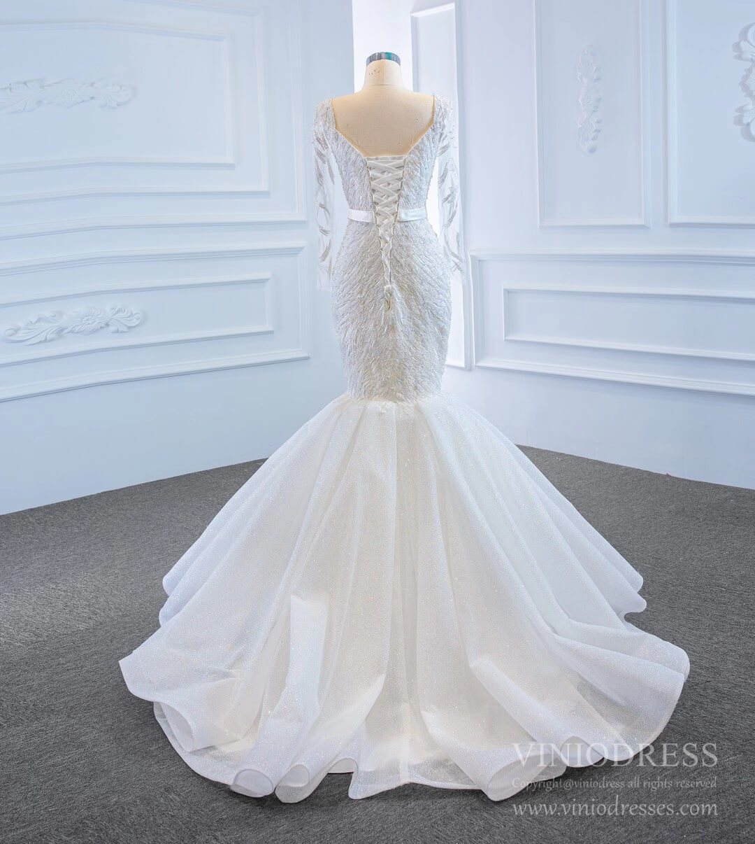 Sparkly Long Sleeve Lace Mermaid Wedding Dresses VW1781-wedding dresses 2025 -Viniodress-Ivory-Custom Size-
