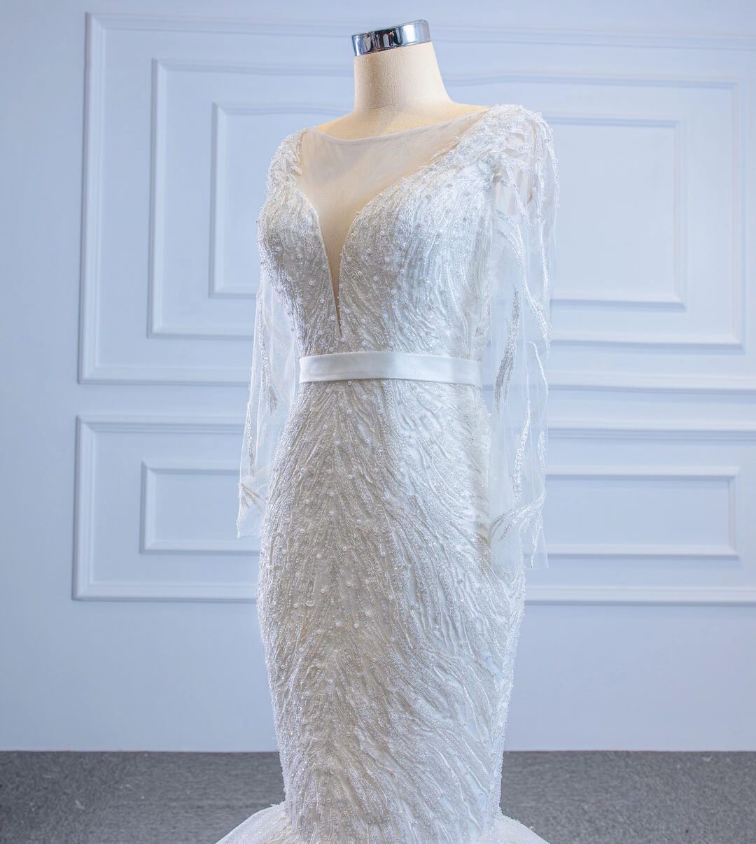 Sparkly Long Sleeve Lace Mermaid Wedding Dresses VW1781-wedding dresses 2025 -Viniodress-Ivory-Custom Size-