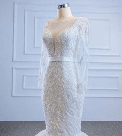 Sparkly Long Sleeve Lace Mermaid Wedding Dresses VW1781-wedding dresses 2025 -Viniodress-Ivory-Custom Size-