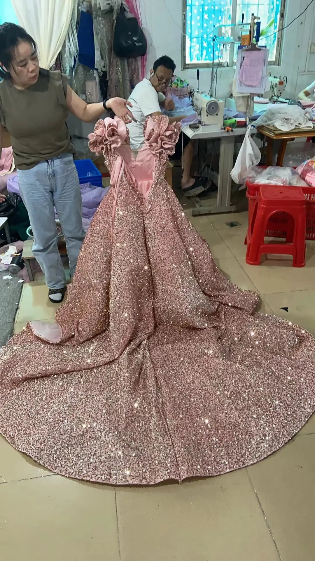 Sparkly Long Train Red Sequin Ball Gowns for Little Girls FD1763C viniodress-Pageant Dresses for Kids 2025 -Viniodress-Red-Custom Size-