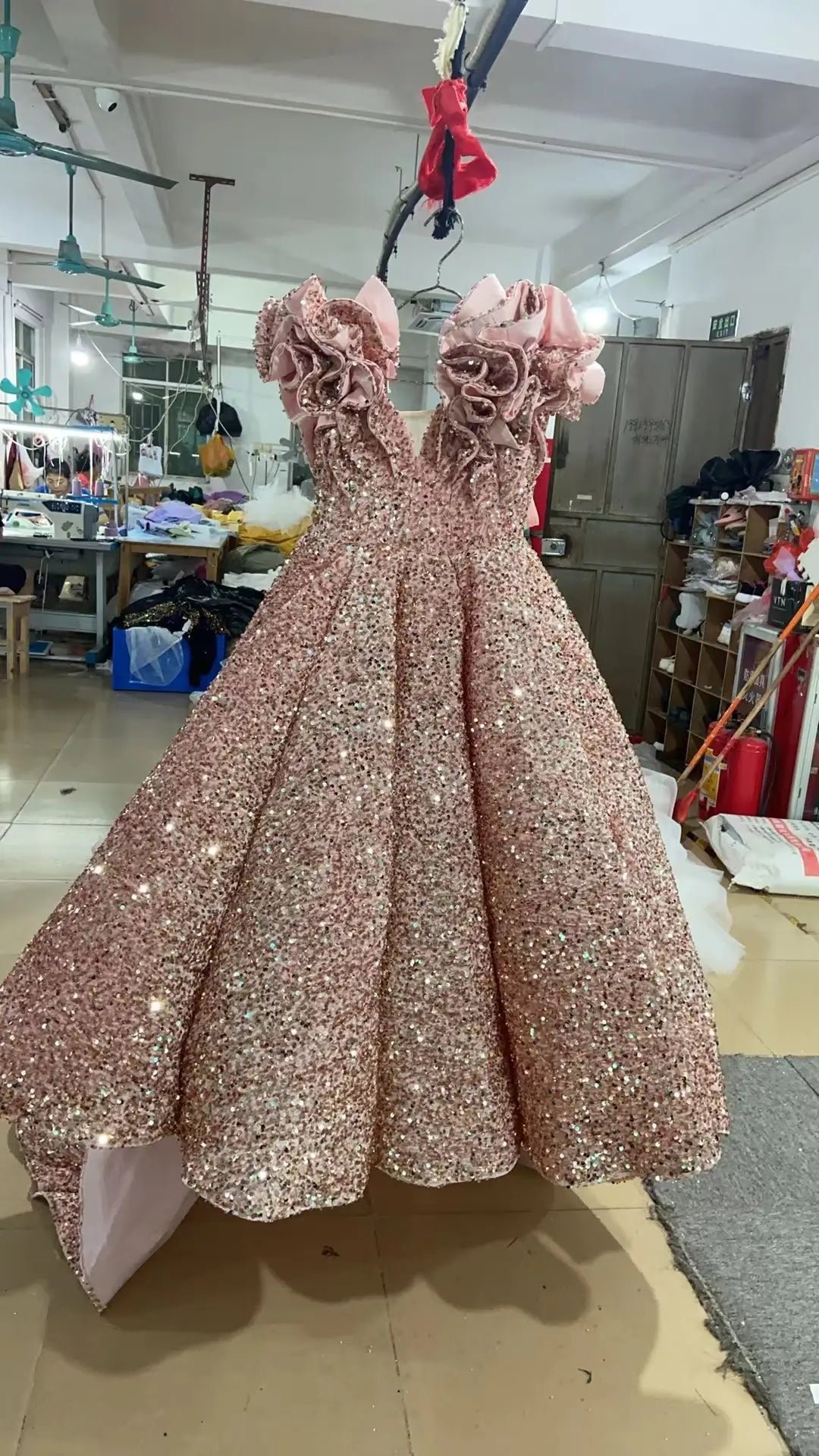 Sparkly Long Train Red Sequin Ball Gowns for Little Girls FD1763C viniodress-Pageant Dresses for Kids 2025 -Viniodress-Rose Gold-Custom Size-