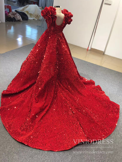 Sparkly Long Train Red Sequin Ball Gowns for Little Girls FD1763C viniodress-Pageant Dresses for Kids 2025 -Viniodress-Red-Custom Size-