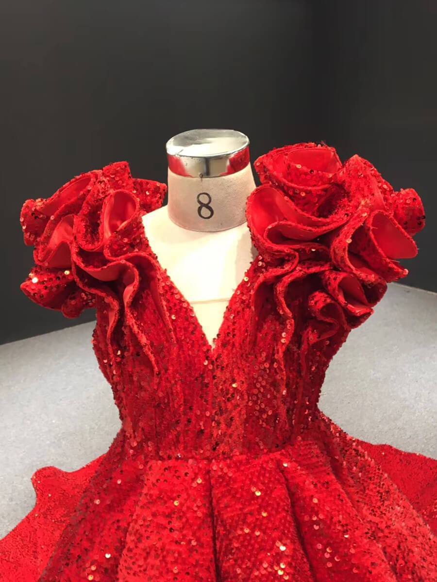 Sparkly Long Train Red Sequin Ball Gowns for Little Girls FD1763C viniodress-Pageant Dresses for Kids 2025 -Viniodress-Red-Custom Size-