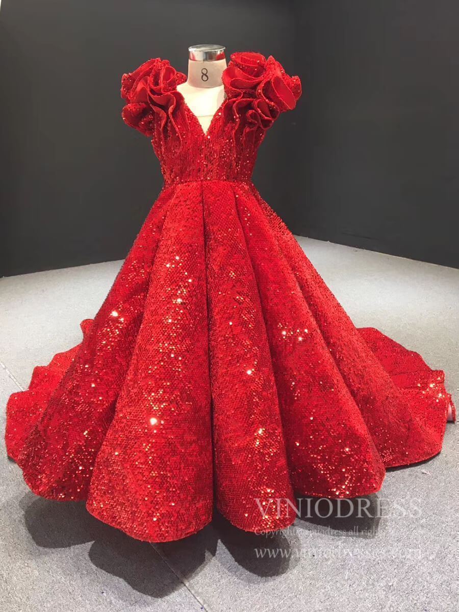 Sparkly Long Train Red Sequin Ball Gowns for Little Girls FD1763C viniodress-Pageant Dresses for Kids 2025 -Viniodress-Red-Custom Size-