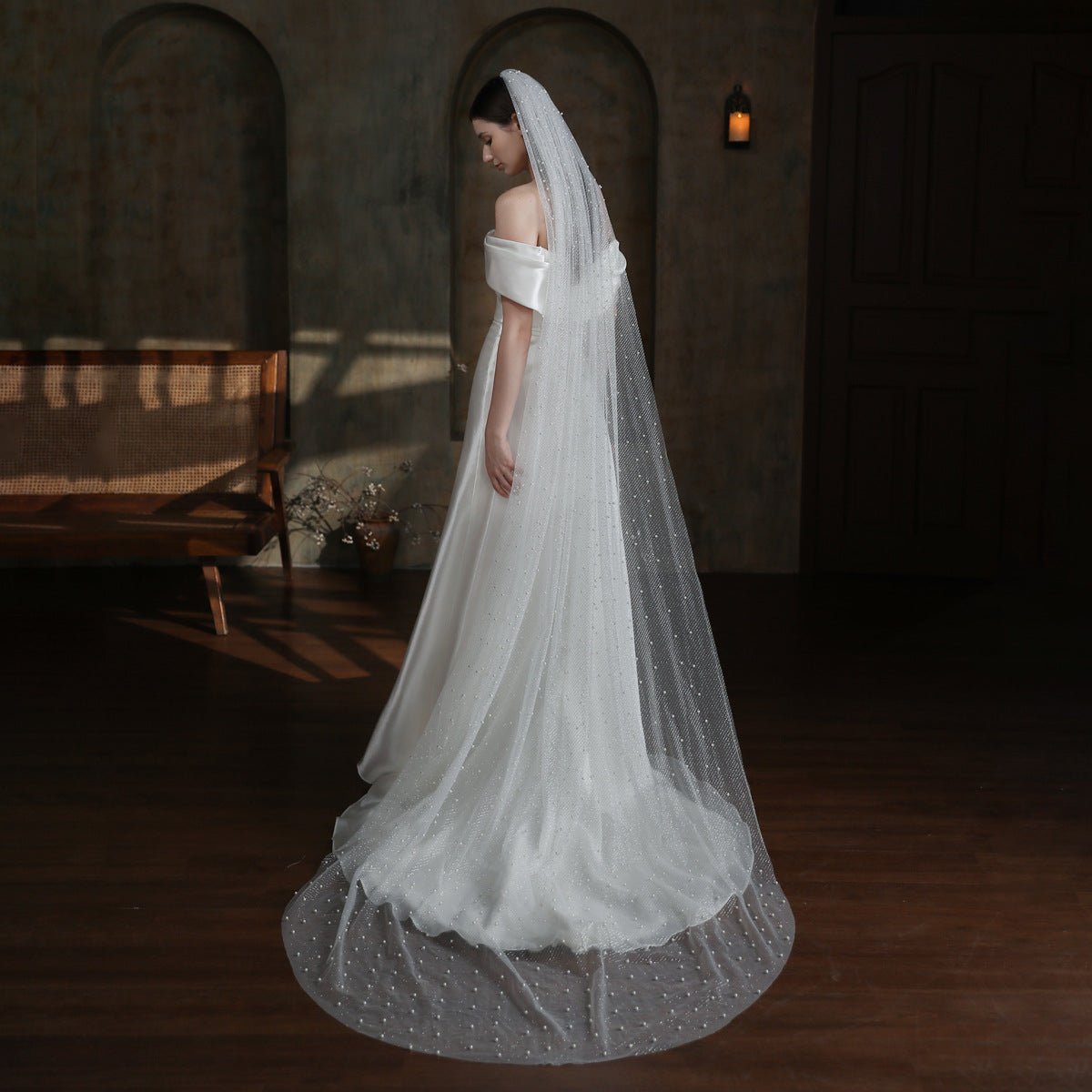 Sparkly Long Tulle Pearl Veil for Brides Viniodress V873-Bridal Veil 2025 -Viniodress-Ivory-300cm-