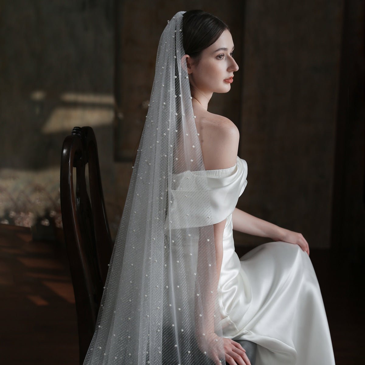 Sparkly Long Tulle Pearl Veil for Brides Viniodress V873 - ViniodressBridal VeilIvory300cm - Formal Dresses - Ball Gowns