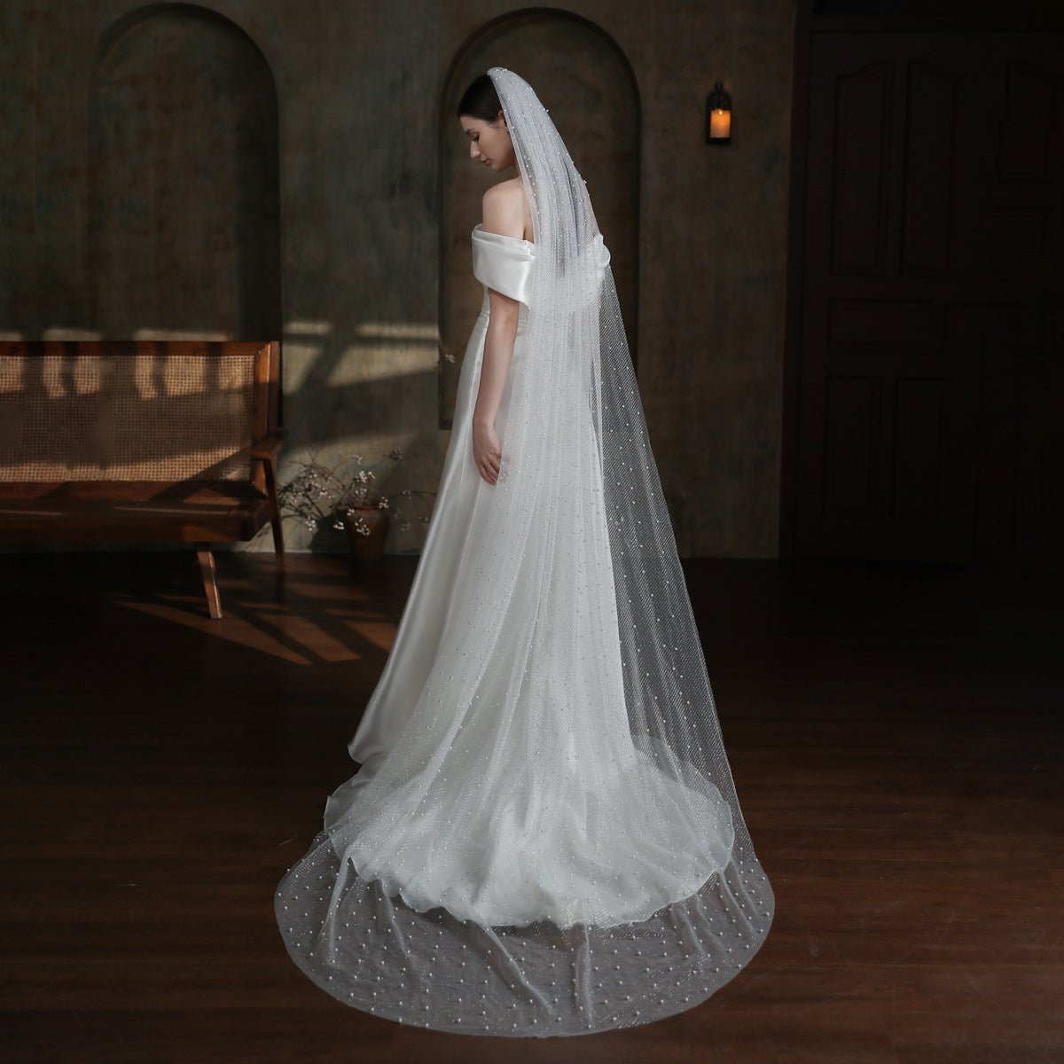 Sparkly Long Tulle Pearl Veil for Brides Viniodress V873 - ViniodressBridal VeilIvory300cm - Formal Dresses - Ball Gowns