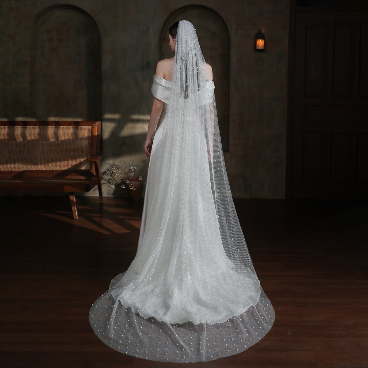 Sparkly Long Tulle Pearl Veil for Brides Viniodress V873 - ViniodressBridal VeilIvory300cm - Formal Dresses - Ball Gowns