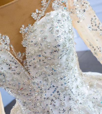 Sparkly Luxury Princess Ball Gown Wedding Dresses with Long Sleeve 67257-wedding dresses 2025 -Viniodress-Ivory-Custom Size-