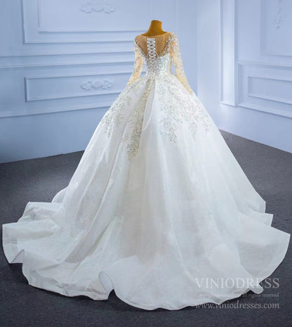 Sparkly Luxury Princess Ball Gown Wedding Dresses with Long Sleeve 67257-wedding dresses 2025 -Viniodress-Ivory-Custom Size-