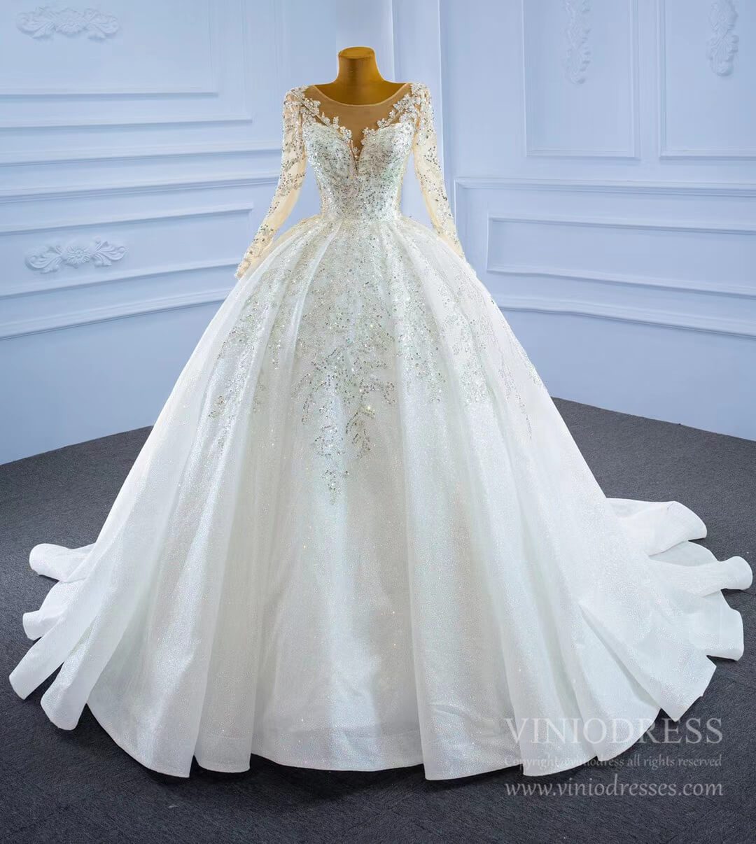 Sparkly Luxury Princess Ball Gown Wedding Dresses with Long Sleeve 67257-wedding dresses 2025 -Viniodress-Ivory-Custom Size-