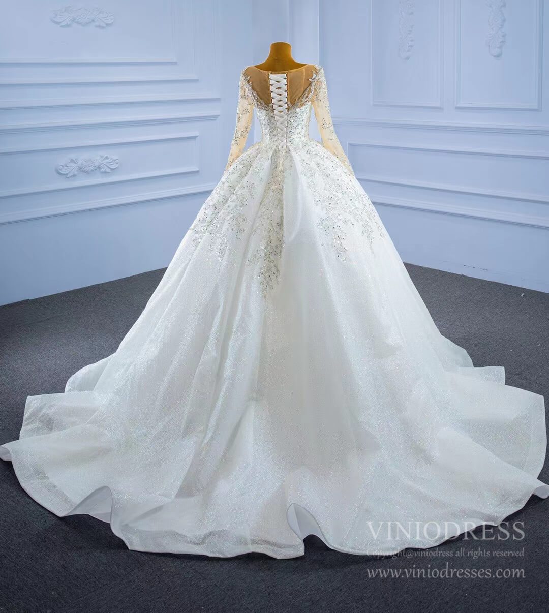 Sparkly Luxury Princess Ball Gown Wedding Dresses with Long Sleeve 67257-wedding dresses 2025 -Viniodress-Ivory-Custom Size-