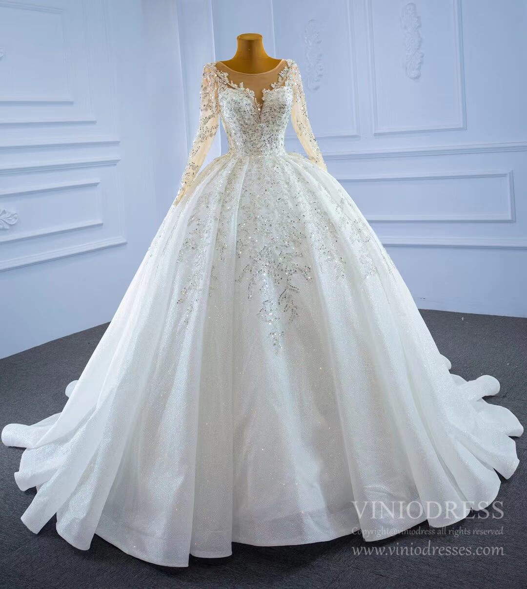 Sparkly Luxury Princess Ball Gown Wedding Dresses with Long Sleeve 67257-wedding dresses 2025 -Viniodress-Ivory-Custom Size-