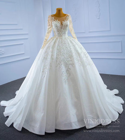 Sparkly Luxury Princess Ball Gown Wedding Dresses with Long Sleeve 67257-wedding dresses 2025 -Viniodress-Ivory-Custom Size-