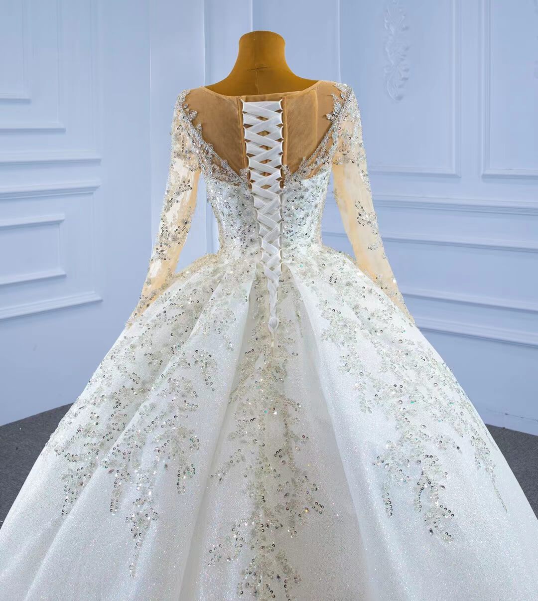 Sparkly Luxury Princess Ball Gown Wedding Dresses with Long Sleeve 67257-wedding dresses 2025 -Viniodress-Ivory-Custom Size-