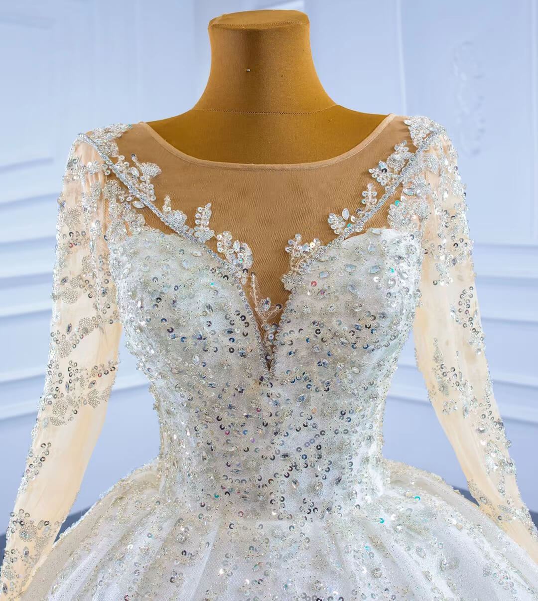 Sparkly Luxury Princess Ball Gown Wedding Dresses with Long Sleeve 67257-wedding dresses 2025 -Viniodress-Ivory-Custom Size-