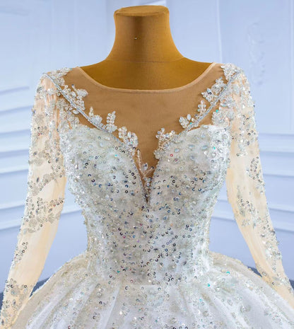 Sparkly Luxury Princess Ball Gown Wedding Dresses with Long Sleeve 67257-wedding dresses 2025 -Viniodress-Ivory-Custom Size-