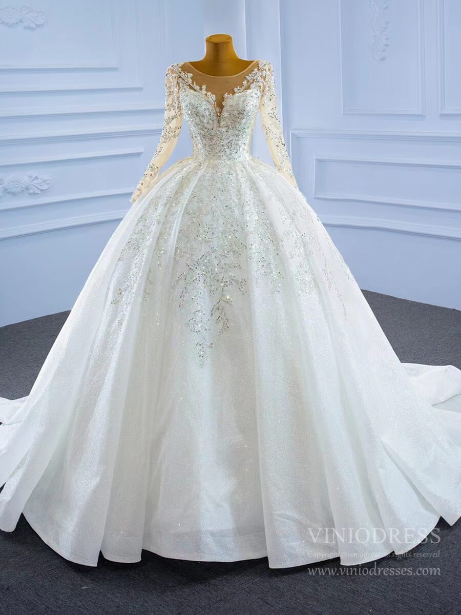 Sparkly Luxury Princess Ball Gown Wedding Dresses with Long Sleeve 67257-wedding dresses-Viniodress-Viniodress