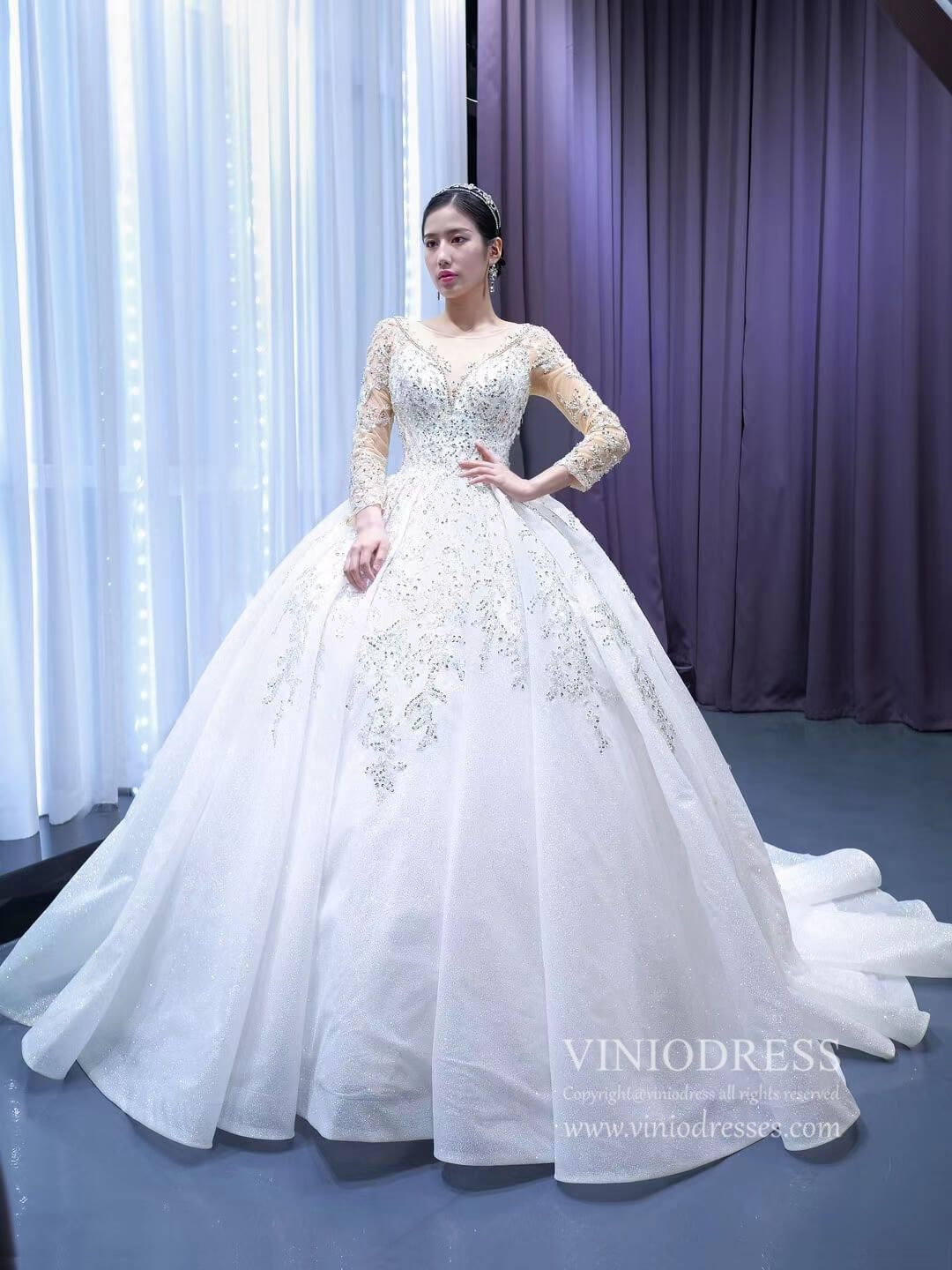 Sparkly Luxury Princess Ball Gown Wedding Dresses with Long Sleeve 67257-wedding dresses-Viniodress-Ivory-Custom Size-Viniodress