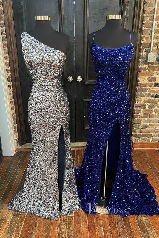 Sparkly Mermaid Sequin Formal Dress One Shoulder Prom Dresses FD2967-prom dresses 2025 -Viniodress-Silver-Custom Size-