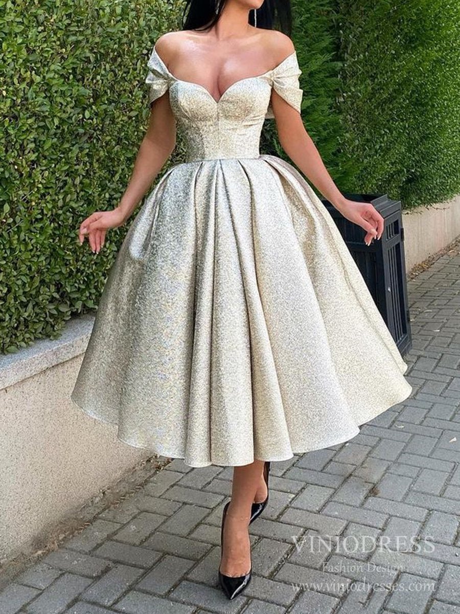 Sparkly Midi Length Prom Dresses Off the Shoulder Homecoming Dress FD2517-prom dresses 2025 -Viniodress-Champagne-Custom Size-