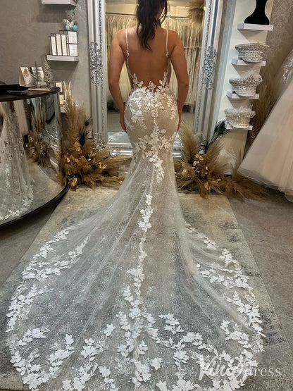 Sparkly Nude Mermaid Wedding Dress with Floral Lace Appliqué, Plunging Neckline & Chapel Train – ML113-wedding dresses 2025 -Viniodress-Nude-Custom Size-