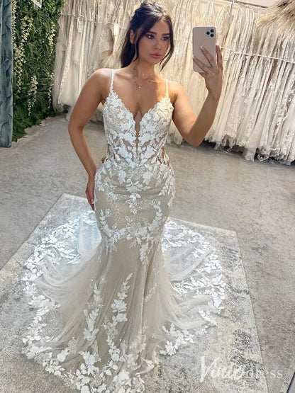 Sparkly Nude Mermaid Wedding Dress with Floral Lace Appliqué, Plunging Neckline & Chapel Train – ML113-wedding dresses 2025 -Viniodress-Nude-Custom Size-